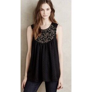 Anthropologie One September Women's Top Small S Black Velvet Burnout Swiss Dot